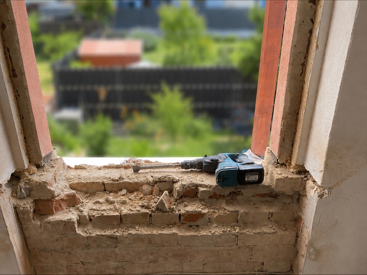 Fenster und Brüstung sind heraus, die Öffnung steht für die Balkontür bereit